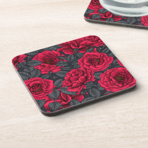 Posavasos Rosas rojas con hojas grises en negro