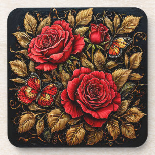 Posavasos Rosas rojas elegantes y mariposas