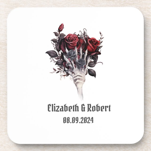 Posavasos Rosas Rojas Góticas Bodas de Esqueleto  (Frente)