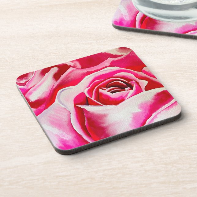 Posavasos Rosas rosadas arte acuarela romántica (Lado Izquierdo)