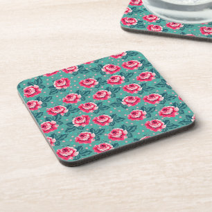 Posavasos Rosas rosadas bonitas y patrón de lunares en azul 