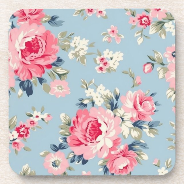 Posavasos Rosas rosadas de algodón en fondo azul (Frente)