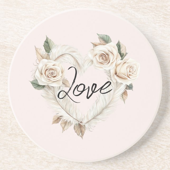 Posavasos Rosas Rosadas Románticas Plumas Corazón Amor (Frente)