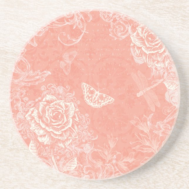 Posavasos Rosas y mariposas grabadas de época (Frente)