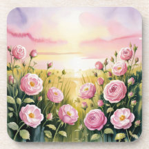 Roses rosados Sunset Plastic Cork Coaster Set