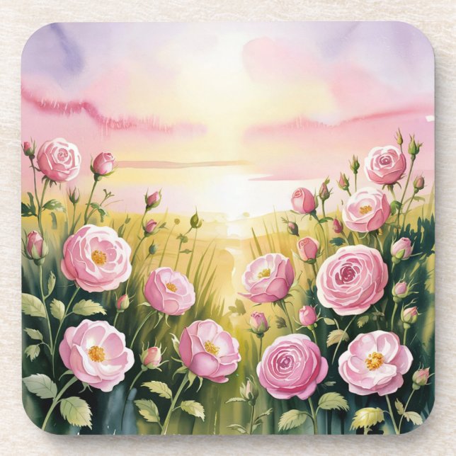 Posavasos Roses rosados Sunset Plastic Cork Coaster Set (Frente)