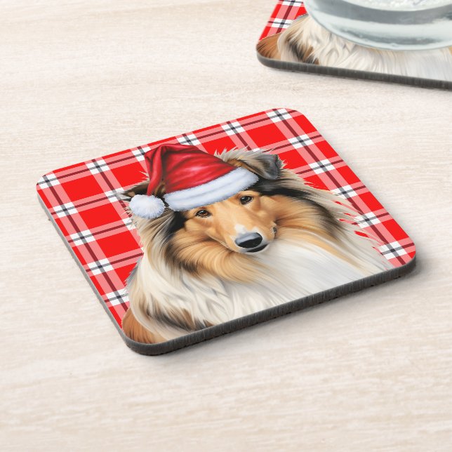Posavasos Rough Collie Dog con Navidades de vacaciones rojas (Lado Izquierdo)