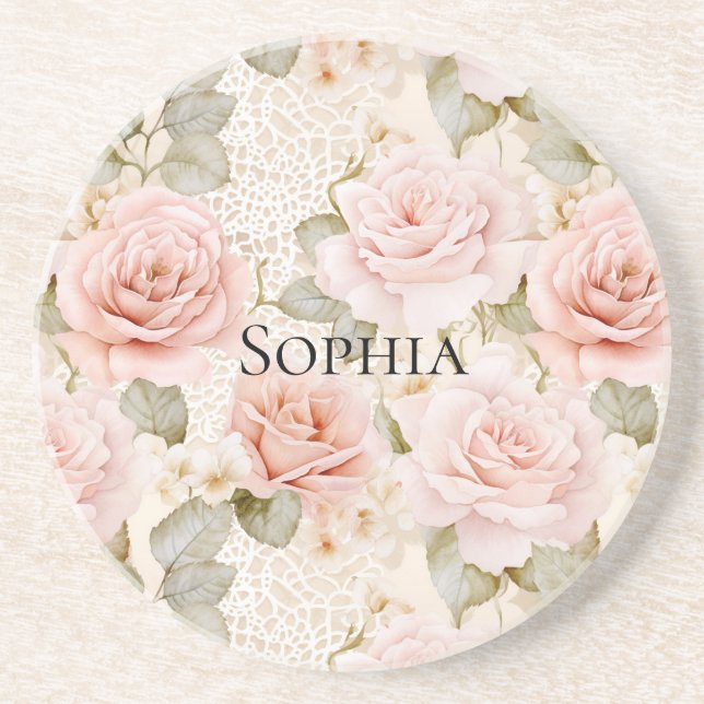 Posavasos Rubor de Rosa Floral Crema   (Frente)