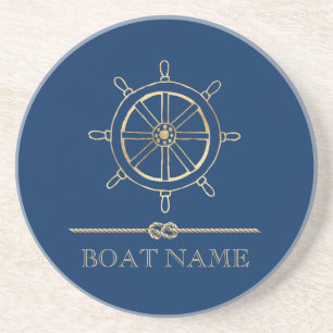 Posavasos Rueda de barco en oro náutico, azul marino   