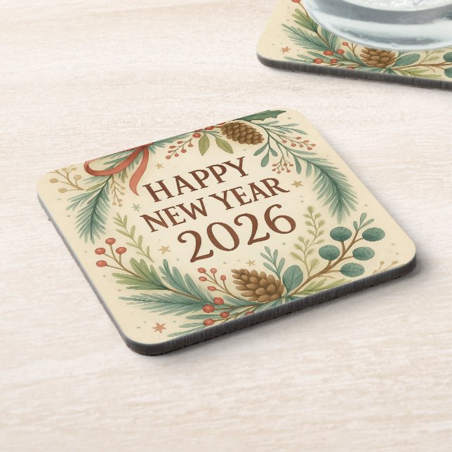 Posavasos rustic coaster set for happy new year 2026 (Lado Izquierdo)