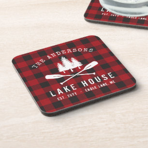 Posavasos Rustic Country Lake House Tree Red Buffalo Plaid