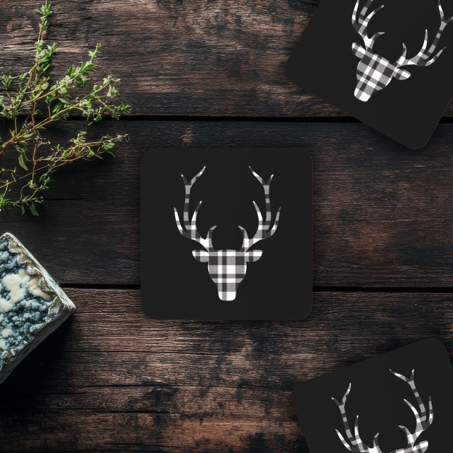Posavasos Rustic Elegant Christmas Plaid Deer  (elegant chic black plaid deer coaster )