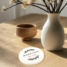 Posavasos Rustic Laurel Branch Wreath Last Name Monogram