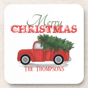 Posavasos Rustic Merry Christmas Red Truck Cute Personalizad