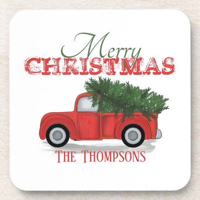 Posavasos Rustic Merry Christmas Red Truck Cute Personalizad (Frente)