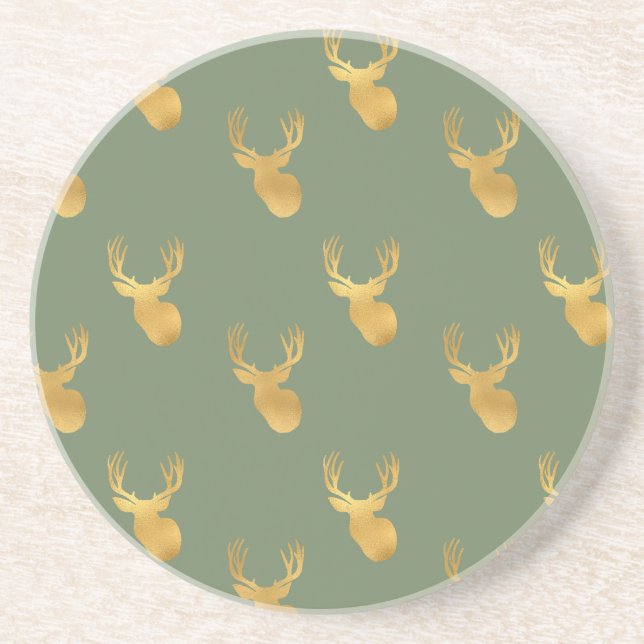 Posavasos Rustic Olive Green Gold Deer Christmas (Frente)