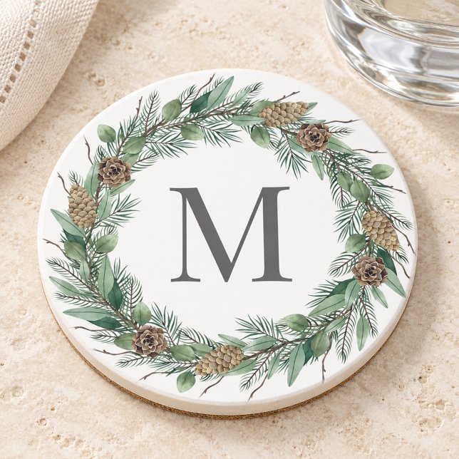 Posavasos Rustic Winter Greenery Monogram Initial Wreath (Subido por el creador)