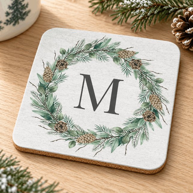 Posavasos Rustic Winter Greenery Monogram Initial Wreath (Subido por el creador)