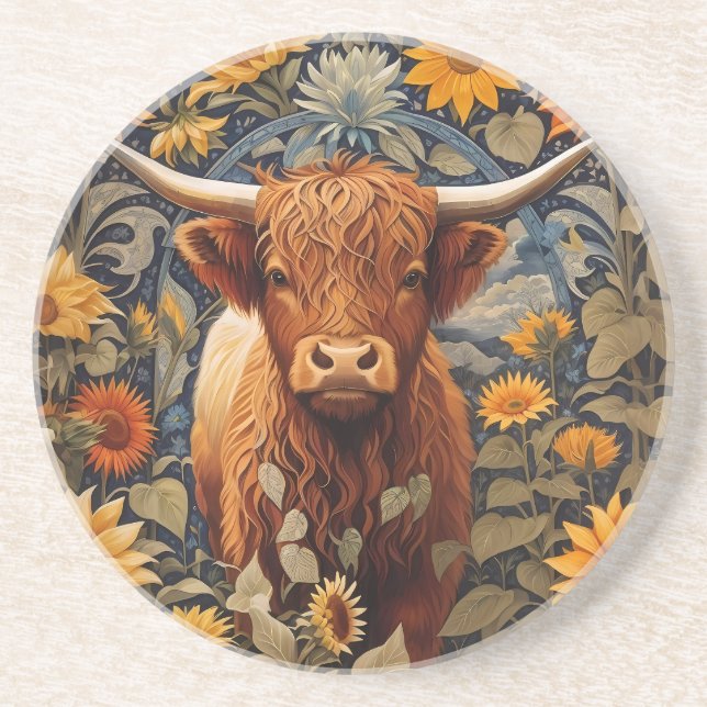 Posavasos Rústico campo Highland Cow Sunflowers (Frente)