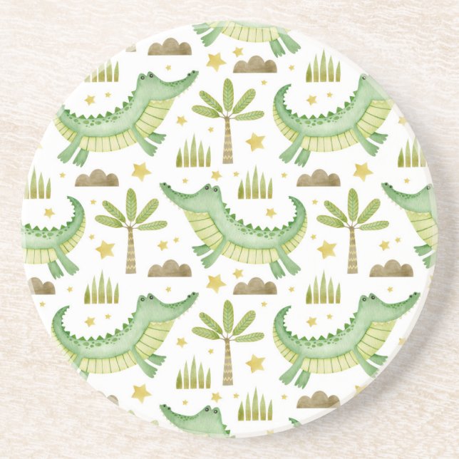 Posavasos Safari africano: Cocodrilo acuarela y palmeras (Frente)
