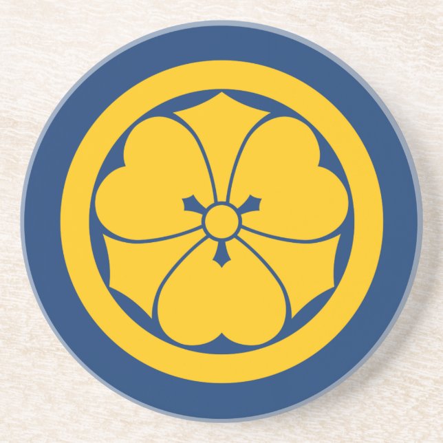 Posavasos Sakai Mon clan japonés samurai amarillo en azul (Frente)