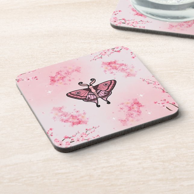 Posavasos Sakura Bliss, polilla rosada, fondo sakura (Lado Izquierdo)