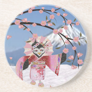 Posavasos Sakura Geisha Pájaro en la Nieve Flor de Cerezo