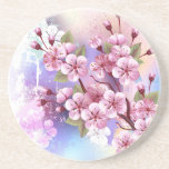 Posavasos Sakura rosa sobre fondo de pintura<br><div class="desc">Dibujado artísticamente,  rama de rosa,  flores de cerezo sobre fondo pintoresco,  texturizado,  pintado con pintura blanca,  rosa y azul. Pink Sakura</div>