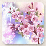 Posavasos Sakura rosa sobre fondo de pintura<br><div class="desc">Dibujado artísticamente,  rama de rosa,  flores de cerezo sobre fondo pintoresco,  texturizado,  pintado con pintura blanca,  rosa y azul. Pink Sakura</div>