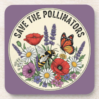 Posavasos Salva al polinizador con abeja, mariposa y flores