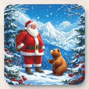 Posavasos Santa Claus se encuentra con un oso amistoso en un