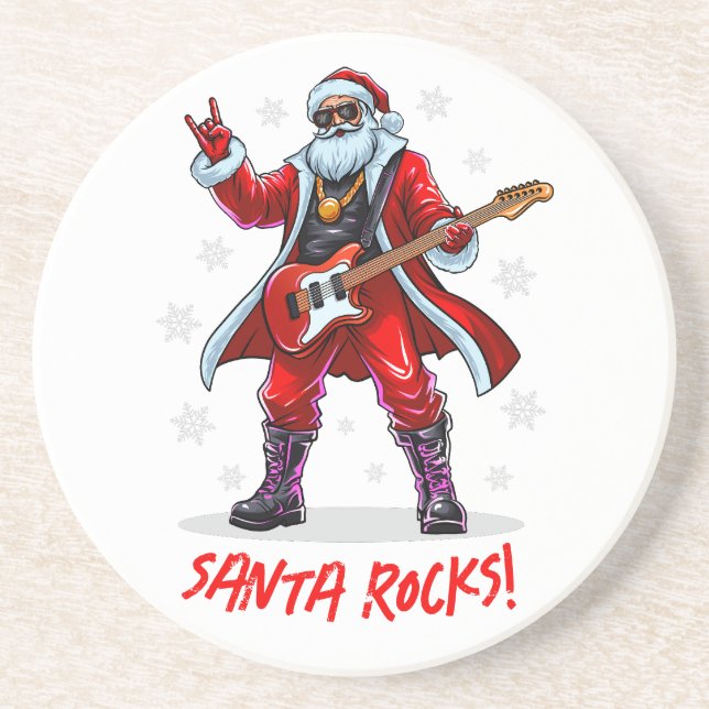 Posavasos ¡Santa Rocks! Gracioso Santa Claus tocando la guit (Frente)