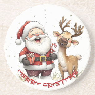 Posavasos Santa y Reno en estilo de dibujos animados festivo