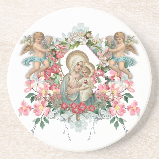 Posavasos Santísima Virgen María Bebé Jesús Floral (Frente)