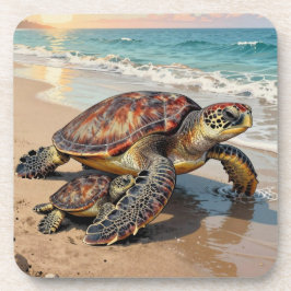 Posavasos Sea Turtle and Baby on Beach Illustration