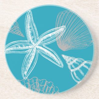 Posavasos Seashell Beach House Aqua Blue Starfish Round
