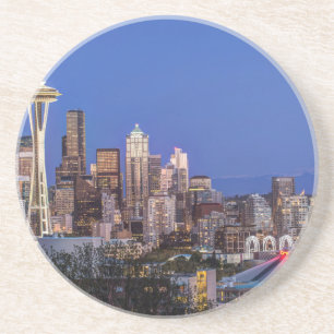 Posavasos Seattle, centro y Monte Rainier al anochecer