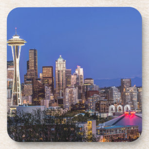 Posavasos Seattle, centro y Mt. Rainier al anochecer