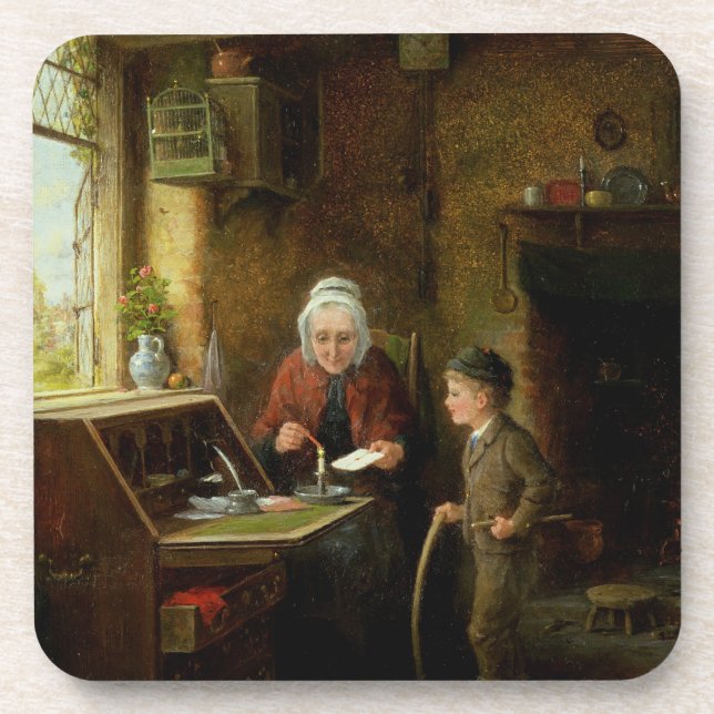 Posavasos Sellando una letra, 1890 (aceite en el panel) (Frente)