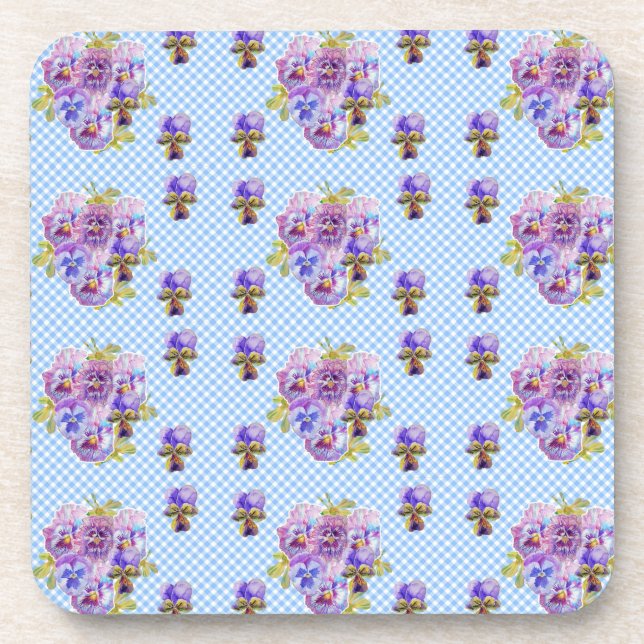 Posavasos Shabby Chic Pansy Floral Blue Gingham Checks (Frente)