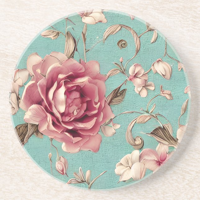 Posavasos Shabby Chic Pink and White Florals on Teal (Frente)