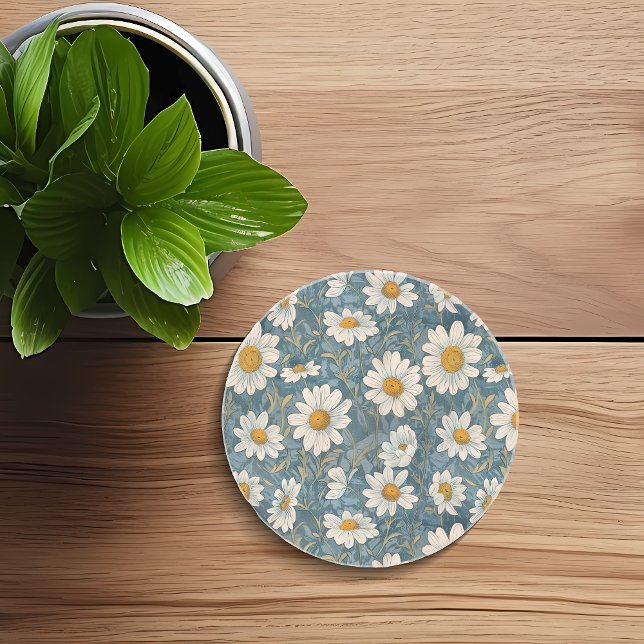 Posavasos Shasta Daisy Art Nouveau (Art Nouveau Shasta Daisy design on a sandstone coaster. Design inspired by William Morris.)