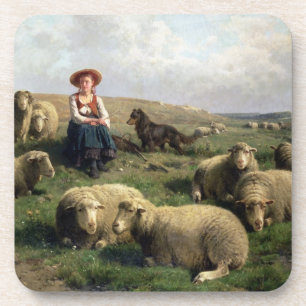 Posavasos Shepherdess con las ovejas en un paisaje