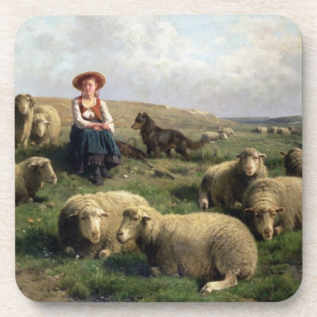 Posavasos Shepherdess con las ovejas en un paisaje (Frente)