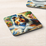 Posavasos Shetland Sheepdog in Cottage Garden Scene<br><div class="desc">This charming Shetland Sheepdog painting captures the heartwarming presence of a fluffy sheltie lounging peacefully on a sunlit porch, framed by vibrant, blooming flowers in terracotta pots. With its impressionist brushstrokes and rich, saturated colors, the design blends a rustic cottagecore vibe with an affectionate nod to loyal canine companionship. The...</div>