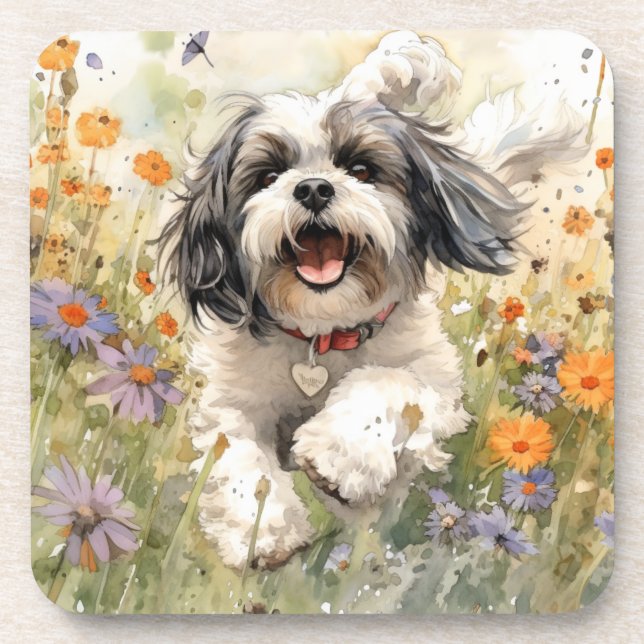 Posavasos Shih Tzu, acuarela floral (Frente)