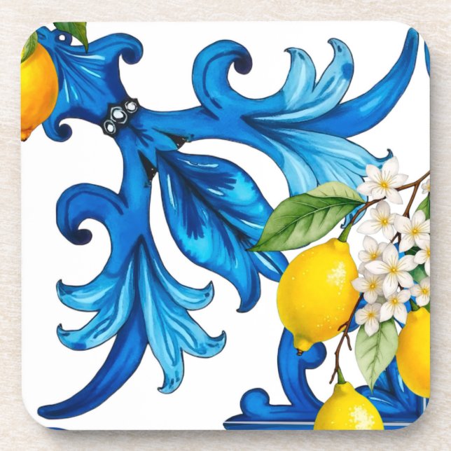 Posavasos Siciliano, verano, limón, mosaico, azul (Frente)