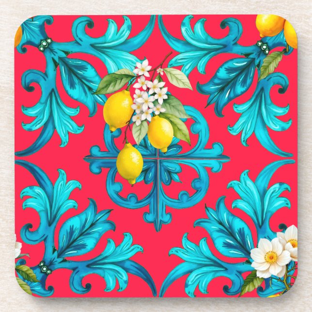 Posavasos siciliano, verano, limón, mosaico, rosa, (Frente)