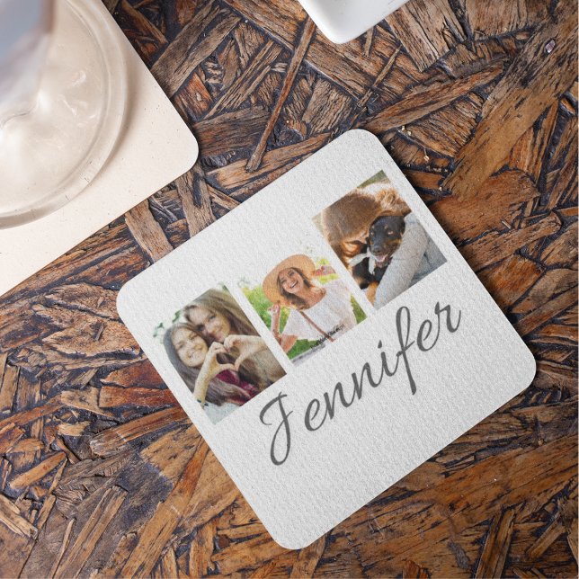 Posavasos Signature Strip Collage (Coaster with three-photo strip layout, signature name beneath, and charcoal on white tones.)