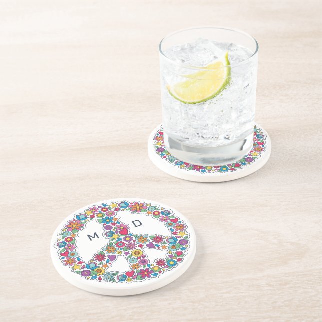 Posavasos Signo de paz de flor monograma personalizado (Lado)